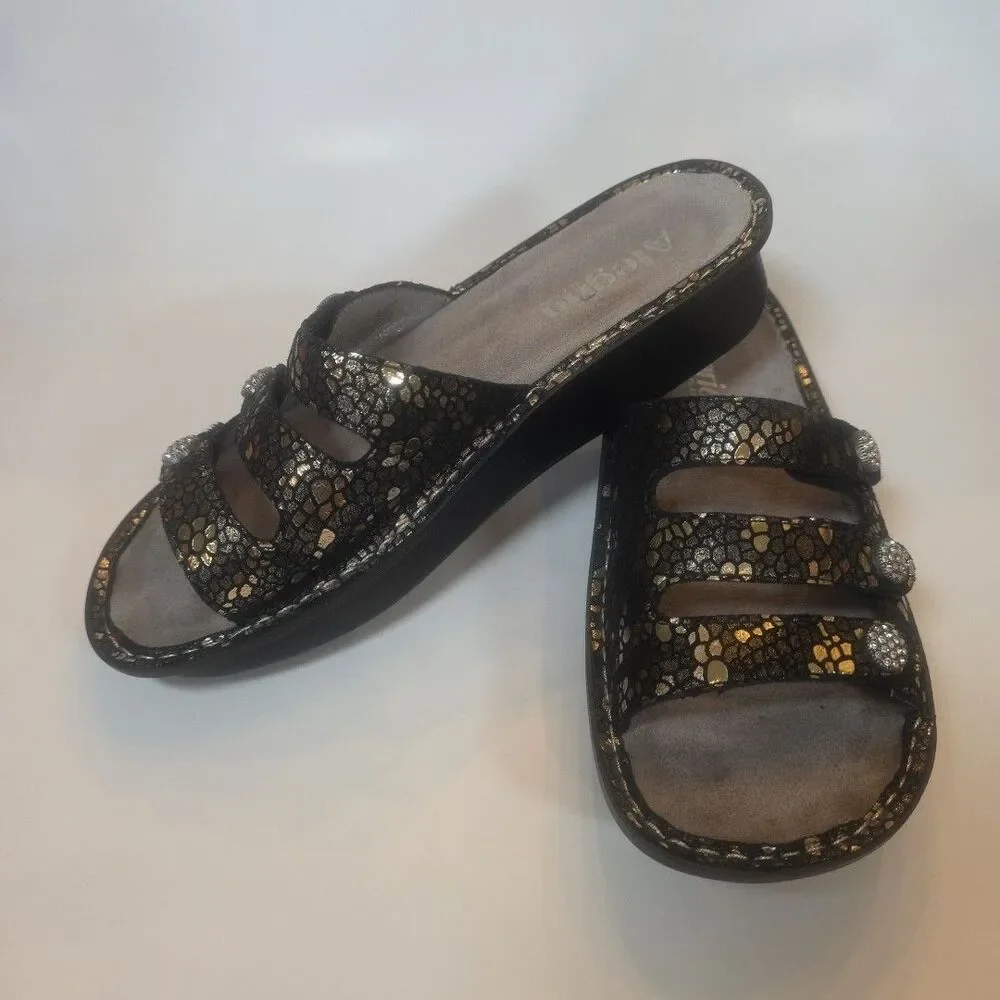 Alegria Women's Fiona Triple-Strap Black Pewter Mosaic‎ Sandals Size 39 Comfort